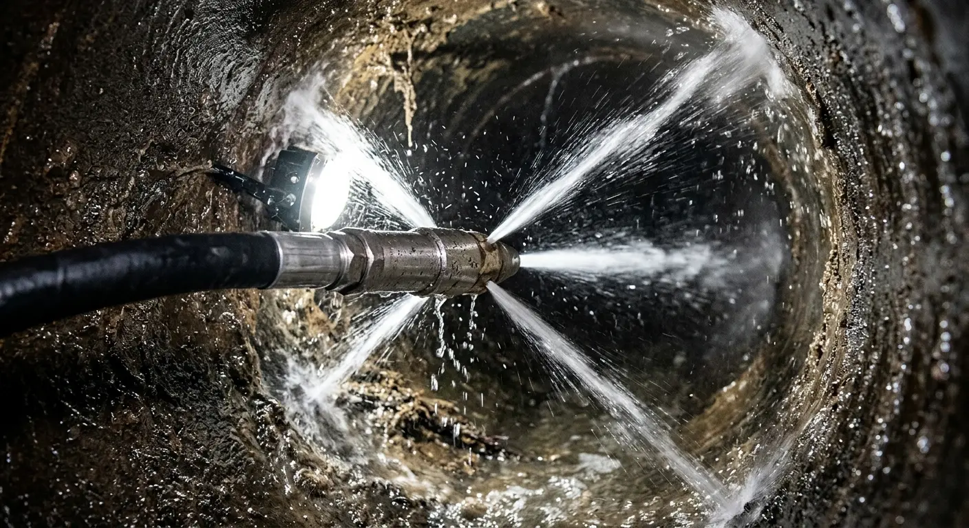 High-pressure hydro jetting nozzle cleaning sewer pipe for Trenchless Sewer Repair in Fair Lawn
