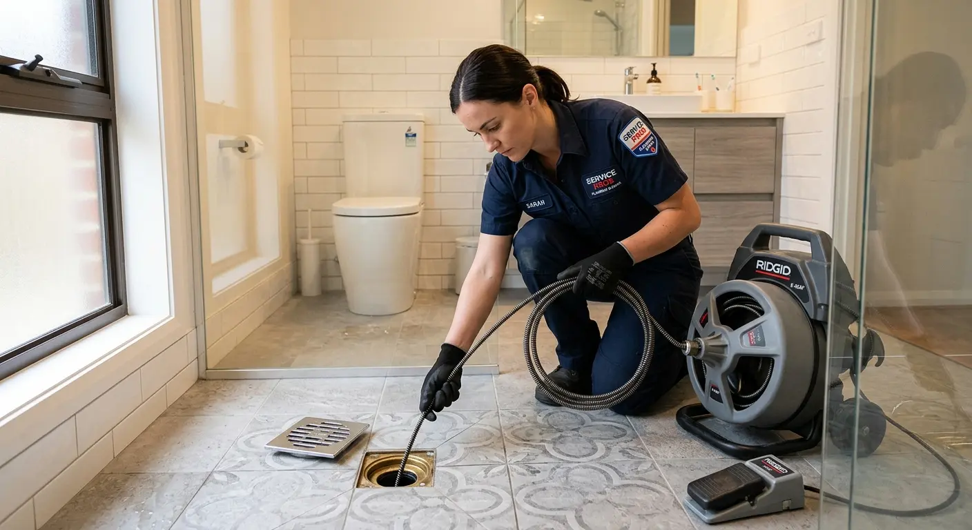 Technician clearing a bathroom floor drain for Sewer Line Replacement in Fair Lawn